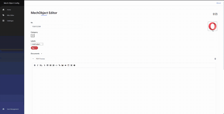 MechObject-Editor beim Bearbeiten eines Objekts inklusive Dokumenten-Upload
