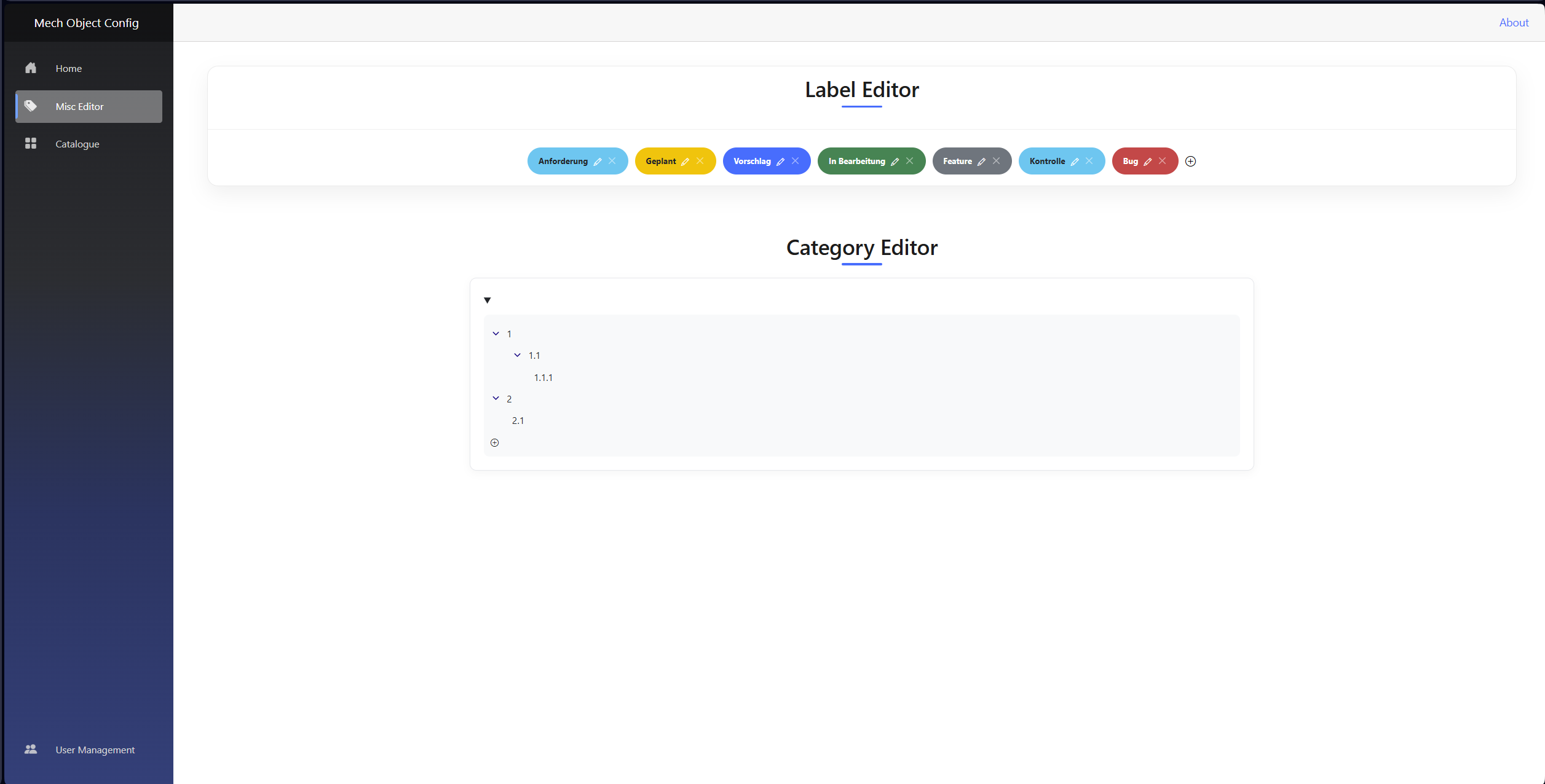 Label- und Category-Editor der MechatronicHub-Oberfläche mit Platzhalterkategorien