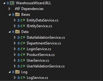 Solution Explorer der Logikschicht mit Services für Validierung, Abteilungen, Login, Produkte, Benutzer und Protokollierung